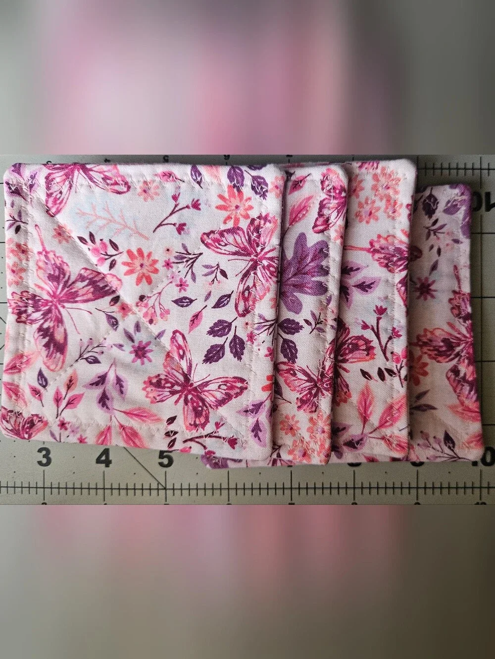 Pink & Purple Butterfly Floral Fabric Square Cup Coasters - HANDMADE